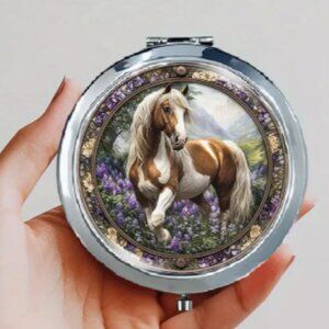 Round Metal Horse Purse Compact Mirror